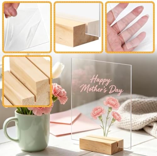 Bercoor 10 Pack 5x7 Inch Blank Clear Acrylic Sign with Wooden Stands, Rectangle Top Acrylic Sheet, DIY Acrylic Rectangle Table Numbers for DIY Name Card Gifts Event Party Sign Decoration