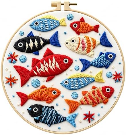 Zhenqing Colorful Fish Embroidery Kit for Beginners, Ocean Fish Needlework Craft, Pre-Printed Cotton Fabric with Hoop, Threads & Tools, 29x29cm (C0059)