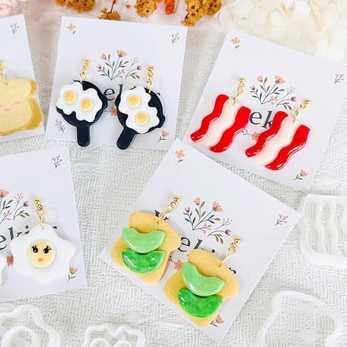 Xaekicr 8Pcs Breakfast Theme Polymer Clay Cutters Set – Toast, Bacon, Egg Shapes | Fun Clay Earring Cutters | Polymer Clay Molds for Jewelry Making | Clay Tools for DIY Crafts