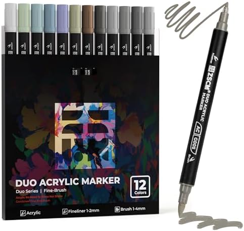 ZSCM 12 Gray Acrylic Paint Markers, Dual Fine & Brush Tip Acrylic Pens