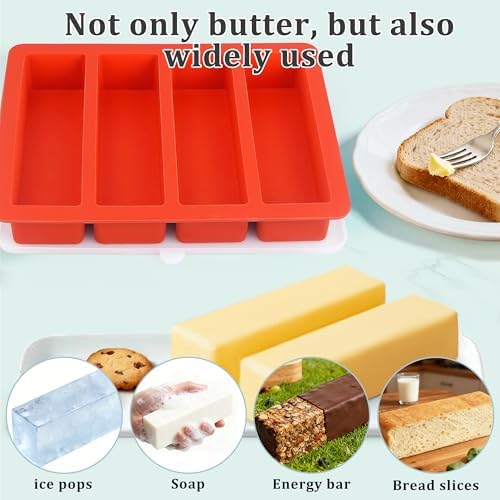 2Pcs Butter Mold with Lid, Standard Size Silicone Butter Tray for Homemade Butter, Non-Stick Butter Molds for Energy Bars, Soap Bars, Cakes (Large without ScaleMarkings(Lid))