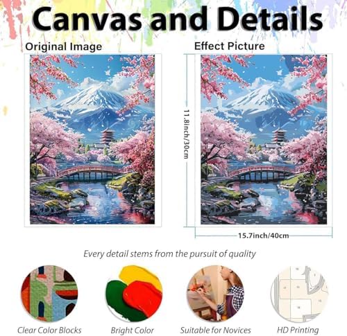 EIBEILI Mount Fuji Paint by Numbers Kit for Adults Beginner,Cherry Blossoms Adult Paint by Number Kits on Canvas,Easy Canvas Paint by Numbers for Adults for Home Wall Decoration 12 X 16 inch