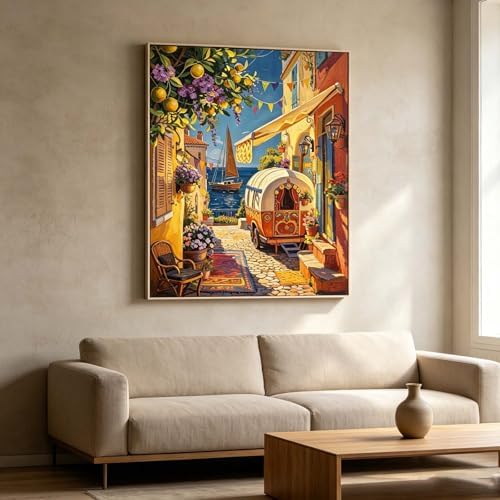 Paint by Numbers Kit for Adults - Mediterranean Coastal Town, DIY Paint by Number, Oil Painting Style Canvas Art, Paint by Numbers for Adults for Wall Decoration & Relaxation