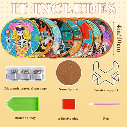 DOTSOPS 8 Pcs Skull Diamond Painting Coasters for Beginners with Holder