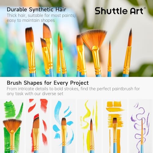 Shuttle Art 12 PCS Paint Brush Set with Case, Assorted Shapes & Sizes for Acrylic, Watercolor, Oil, and Gouache, Perfect Artist Brushes for Kids, Beginners, and Professionals, Ideal for Home or Travel