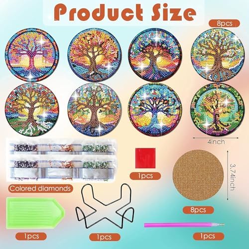 ijbnhd 8 PCS Tree of Life Diamond Art Coasters (Cork Wooden Pad)