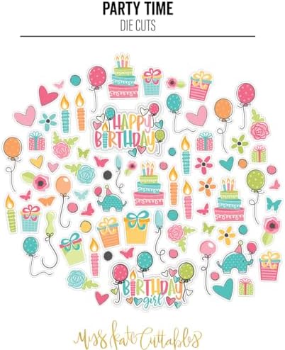 Die Cuts & Paper Set - Party Time - By Miss Kate Cuttables - 16 Sheets of 12"x12" Premium Specialty Paper & OVER 60 Coordinating Die Cuts - Exclusive Original Matching SET