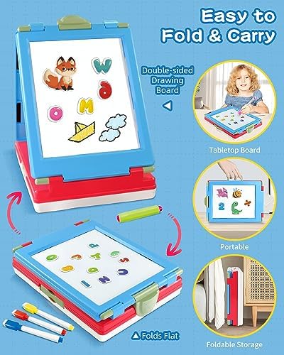 Elovien Easel for Kids, 4 in 1 Double Sided Art Easel with Chalkboard & Magnetic Whiteboard, Foldable Kids Tabletop Easel with Drawing & Writing Accessories - Gift for Boys and Girls (Blue)