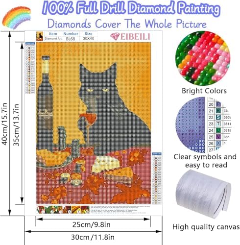 EIBEILI Diamond Painting Kits for Adults DIY 5D Diamond Art Paint with Round Diamonds Full Drill Gem Black Cat Art Painting Kit for Home Wall Decor Gifts 12x16inch