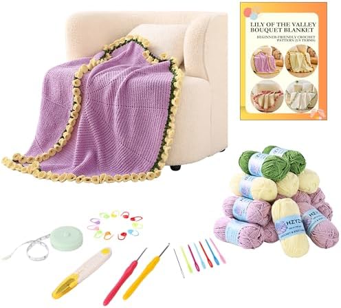 HZYZW Crochet Flower Blanket Kit for Beginners, 40'' Lily of The Valley Bouquet, Blanket Shawl Throw Kits for Adults, How to Knitting with Yarn, Home Decor Gifts for Crocheters (Purple-Yellow Lily)