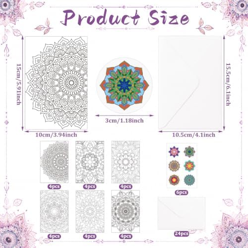 Gueevin 24 Pcs Mandala Coloring Greeting Cards with Envelopes and Stickers Floral Color Your Own Postcards 4 x 6 Flower Thank You Note Cards for Adults Wedding Birthday Gifting DIY Crafts Mailing