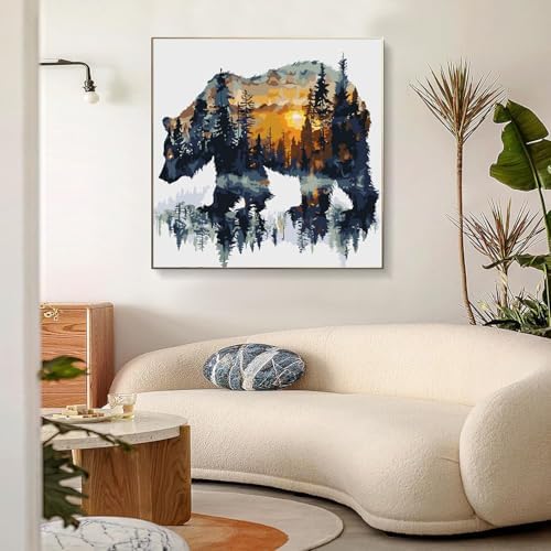 Meothan Paint by Numbers Kit for Adults Beginner 16x16 inch (Without Frame) | Forest Bear Adult Paint by Number Kits on Canvas, DIY Acrylic Oil Easy Painting by Numbers for Home Wall Decor