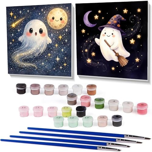 pchmcu 2 Pcs Halloween Paint by Numbers Kits for Kids Framed - Ghosts Adults' Paint-by-Number Kits on Canvas Easy Acrylic Oil Painting by Number for Home Decor Gifts 8x8 inchs