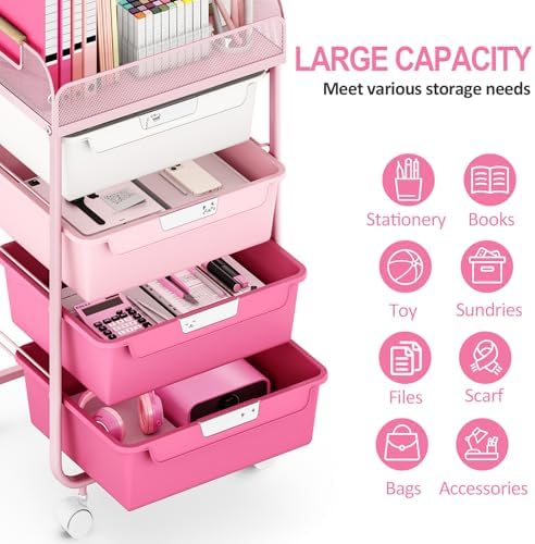 SYKIARIOL 4-Drawer Rolling Storage Cart with Mesh Top, Rose Pink