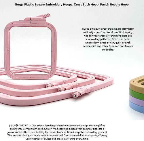 Nurge Square Embroidery Hoop - Plastic Cross Stitch Frame for Needlepoint & Embroidery - Adjustable Craft Hoop - Pink - Set of 4