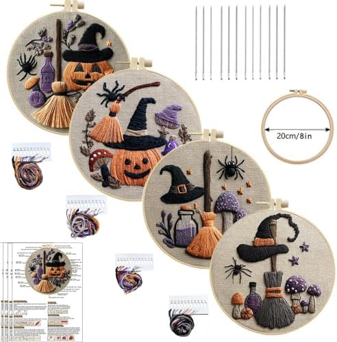 4 Pack Embroidery Halloween Kit for Adult, Embroidery DIY Starter Kit