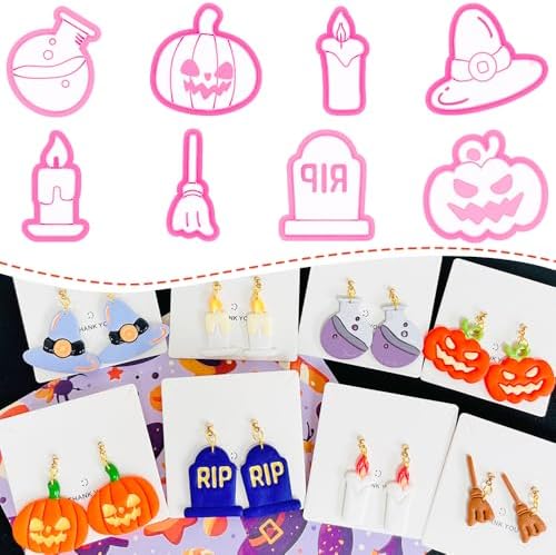 Xaekicr Halloween Polymer Clay Cutters Set – 8pcs Halloween Clay Cutters for Polymer Clay Jewelry, Clay Earring Cutters and Molds – Pumpkin, Tombstone, Witch Hat Clay Tools for DIY Crafts