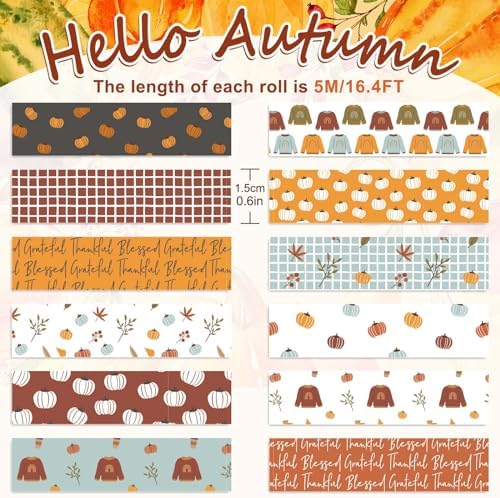 Whaline 12 Rolls Fall Boho Washi Tape Autumn Pumpkin Sweater Decorative Masking Tape for Thanksgiving Harvest Scrapbook Journal DIY Art Craft Gift Wrapping Supplies