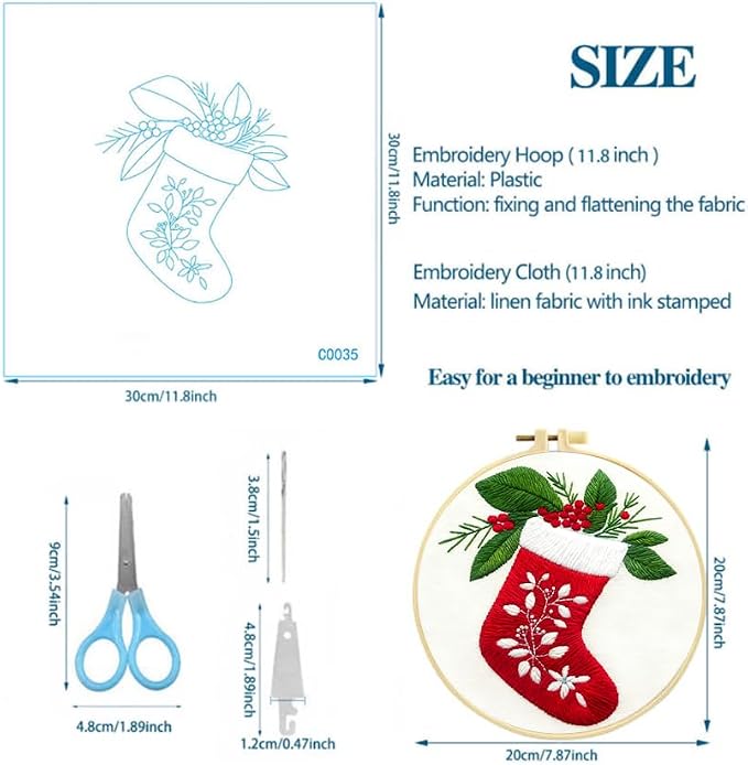 Zhenqing Christmas Stocking Embroidery Kit for Beginners, Red Stocking Needlework Kit with Pre-Printed Fabric, Hoop, Threads & Tools (C0035)