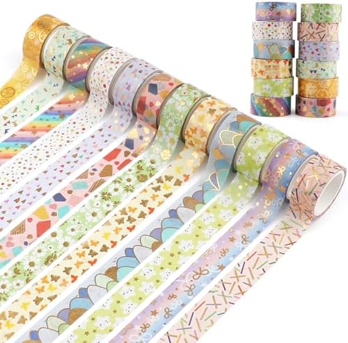 12 Rolls Gold Foil Floral Washi Tape Set,15mm Decorative Masking Tape for Journaling, Scrapbooking, Planners, DIY Crafts, Gift Wrapping(Spring Pastel Collection)