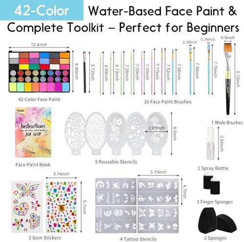 Pintada 42 Color Face Painting Kit for Kids - Non Toxic Water Activated Face Paint Palette With Stencils, Brush, Sponges, Book. For Carnival, Halloween, Costume Makeup and Festivals & Events
