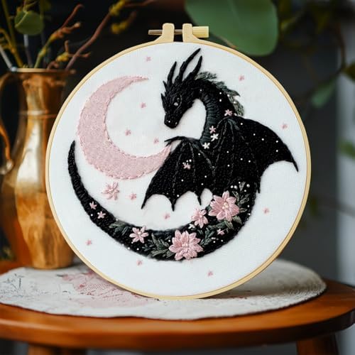 JOZYSH Black Dragon Handmade DIY Embroidery kit,Suitable for Adult Beginners,Includes Embroidery Cloth, Instructions, Embroidery Frame and Needle and Thread, Suitable for Holiday Gifts (Dragon)