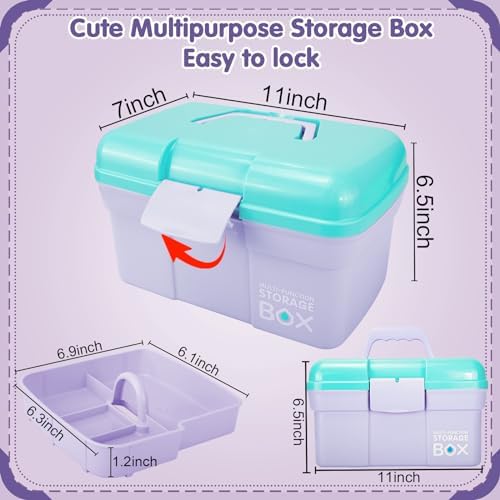 TERGOO 11in Mutipurpose Storage Box Organizer with Removable Tray, Portable Small Craft Organizer with Handle, Plastic Clear Tool Box Art Case for Makeup, Sewing, Nail, Hair Accessories (Purple Blue)