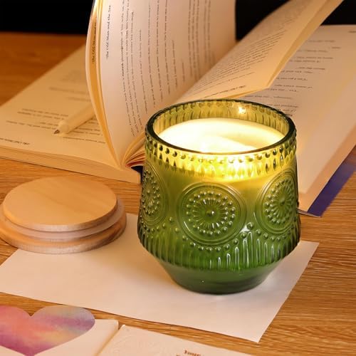 LAMORGIFT 6 Pack Large Green Candle Jars - 13.5oz Glass with Wooden Lids and Labels, Empty Jars for Candle Making Supplies