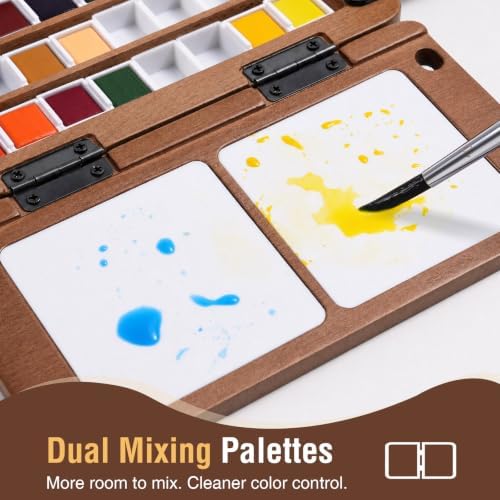 24-Grid Empty Travel Watercolor Palette Box, Fuumuui All-in-One Walnut Wood Palette Tray Kit, Mini Portable Sketchbox for Plein Air Painting with Three Ends Travel Brush and Watercolor Cup