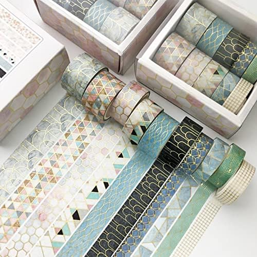 Creative Washi Tape Set 10 Rolls Gold Foil Print Decorative Masking Tapes for Arts, DIY Crafts, Journals, Planners, Scrapbook, Wrapping (Geometric Order)