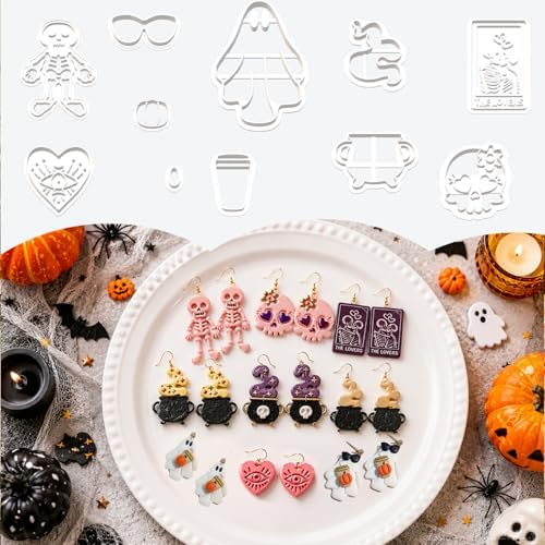 11 Pcs Spooky Halloween Polymer Clay Cutters Set - Skeleton, Skull & Tarot Themed Clay Cutters for Polymer Clay Jewelry Making, Fit Halloween Party Gift
