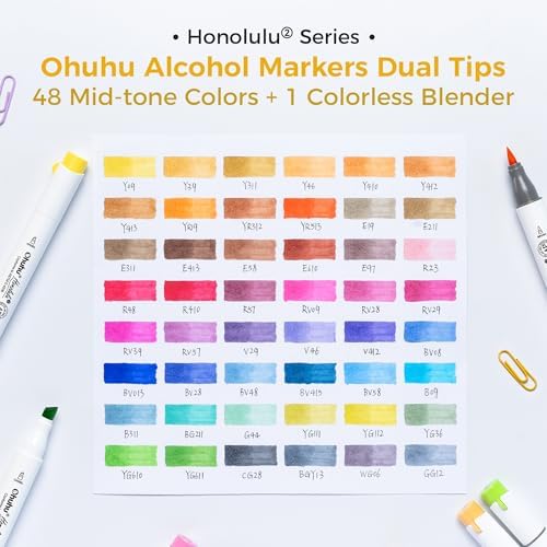 Ohuhu Alcohol Markers Brush& Chisel 48 Mid-tone Colors for Adults Coloring
