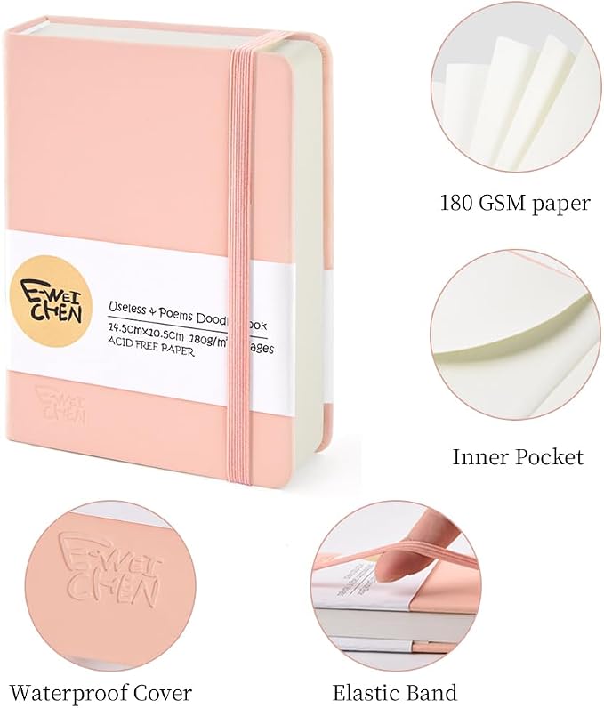 5.7x4.1in Hardcover Blank Sketchbook for Drawing 180gsm 96Pages,Pink