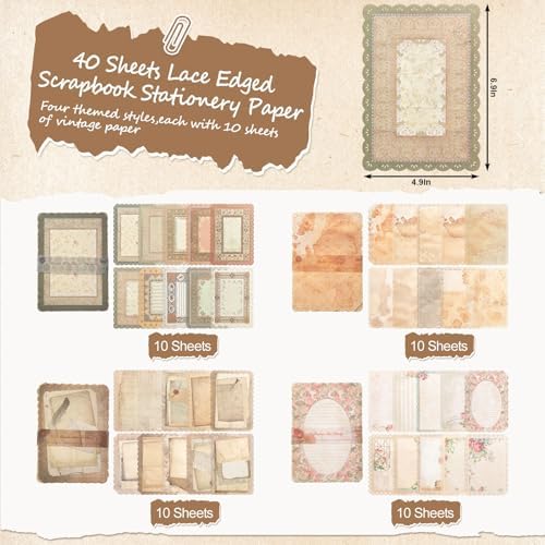 40 Sheets Lace Edged Vintage Scrapbook Paper Textured Journaling Supplies | Scrap Booking Kit Decorative Paper for Junk Journals Letter Writing Collage Art Cards Making, 4.9x6.9 Inch