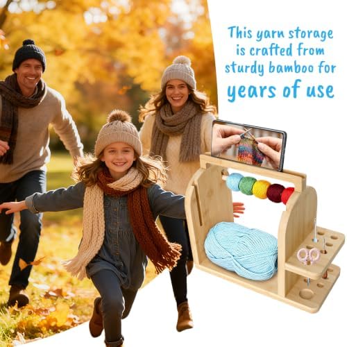 Aolamegs Yarn Holder for Crochet and Knitting, Bamboo Wooden Yarn Spinner Storage Organizer for Crocheting Accessories,with Anti-Slip Pads, Works with Skein, Cake, Ball