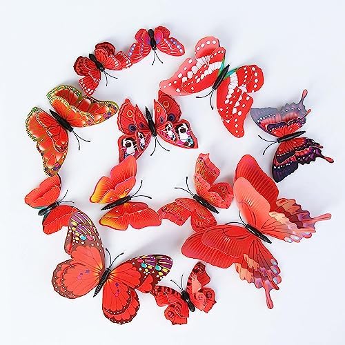 OPSEAM 3D Butterfly Wall Decor Butterfly Decorations Stickers with Magnets | 72 PCS Red,12 Styles Double Layer Butterfly for Classroom Decoration,Locker Refrigerator, Reusable,Waterproof