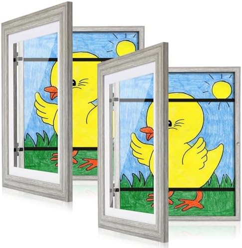 [2 Pack] Kids Art Frames, 10x12.5 Front Opening Kids Artwork Frames Changeable, Grey Wood Grain Artwork Display Storage Frame for Wall, Holds 50 Pcs, for 3D Picture, Crafts, Children Drawing, Hanging