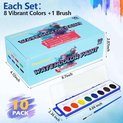 Watercolor Paint Set for Kids - Bulk Pack of 10, 8 Colors Washable Water Color Paints Sets with Paintbrush, Kids Watercolor Paint Set for Coloring, Art, Classrooms and Easter Paint Supplies