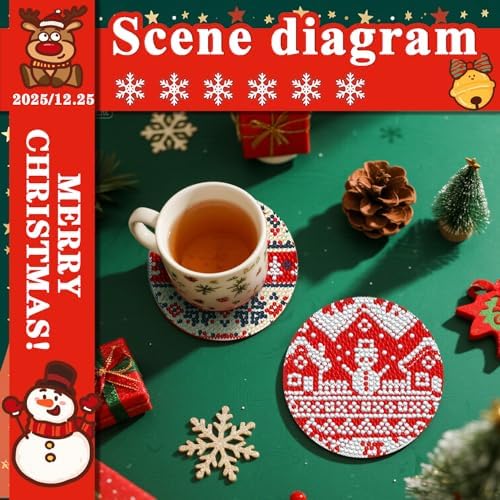 DOTSOPS Christmas Diamond Art Coasters with Holder 6 Pcs Diamond Painting Kits for Adults Beginners Diamond Craft Gem Art Dots Halloween Birthday