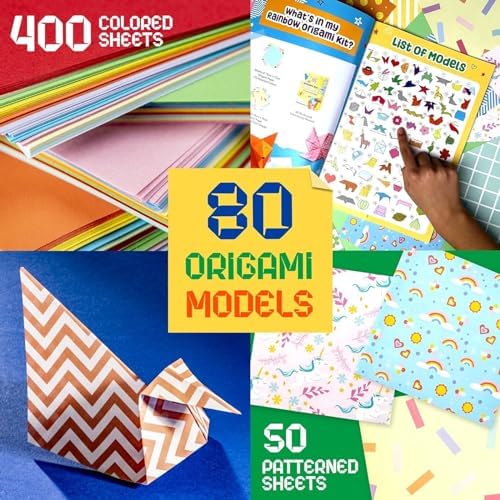 BRYTE Ultimate 450 Sheets Rainbow Origami Paper Kit Double Sided, 400 Sheets Solid Color Paper with 50 Origami Paper, Large 46 Page Illustrated Guide Book, Arts and Crafts for Kids Ages 8-12