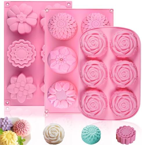 3 Pack Silicone Soap Molds,Flowers Soap Mold for Soap Making,Great for Handmade Soaps,Lotion Bars,Biscuit,Chocolate,Moon Cake