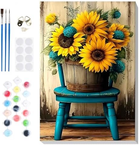 Bowetile Framed Paint by Numbers Sunflower Kit for Adults, Adults' Paint-by-Number Flowers Kits on Canvas, Painting by Numbers Chair, DIY Acrylic Number Painting for Home Wall Decor, 8x12in