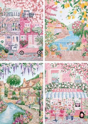 4 Packs City in Love Diamond Art Kits for Adults, Diamond Painting Kits for Adults for Beginners, DIY Valentine's Diamond Dots Art Kits, 5D Full Round Drill Gem Art Painting Kits for Decor, 12x16in