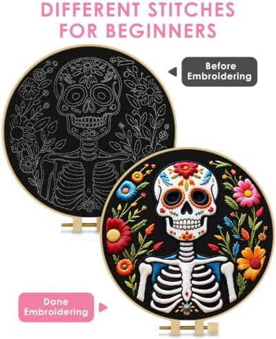 TINDTOP Embroidery Kit for Adult Beginners, Embroidery DIY Starter Kit, with Stamped Patterns, Hoop, Tools, Colorful Threads with Needles, Instructions (Skeleton C)