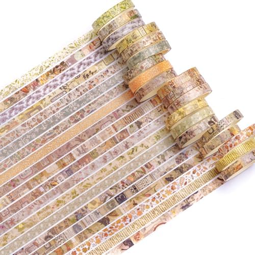 20 Rolls Skinny Vintage Washi Tape Set Retro Arts Adhesive Tapes Basic Patterns Decorative Masking Tape Sets for Craft, Kids, Scrapbook, DIY, Gift Wrapping (Forest Isles)