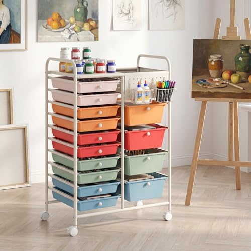 GOFLAME 14-Drawer Rolling Storage Cart with Pegboard, Craft Storage Cart with Lockable Wheels and Metal Frame, Art Cart Supply Storage Organizer for Home Office Classroom, Macaron Color