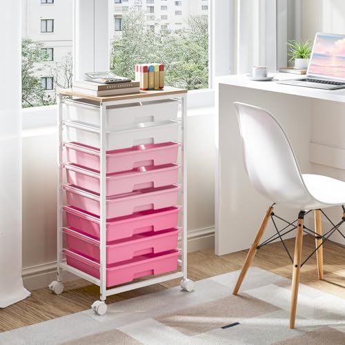 TOOLF Rolling Storage Cart with 8 Drawers,Rose Pink | Utility Cart on Wheels with Wooden Tabletop,Teacher Organization for Classroom, Art Cart for Office,Bedroom,Craft Room
