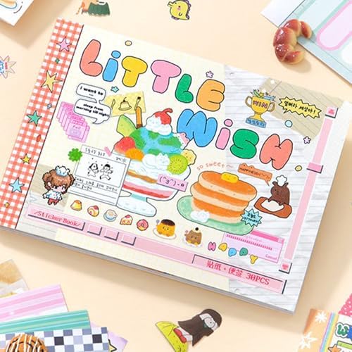 30 Sheets Cartoon Aesthetic Sticker Book - Cute Kawaii Scrapbook Stickers, Adhesive Notes & Memo Pads for Planner, Journal, Photo Album, Water Bottle DIY Crafts (Little Wishes Pink)