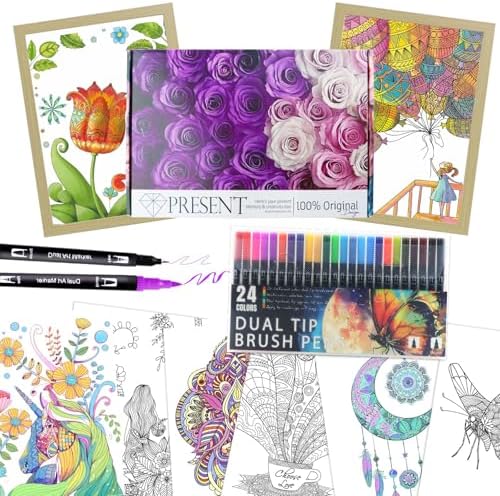 Mindfulness Adult Coloring Book with 24 Dual Tip Colors Markers