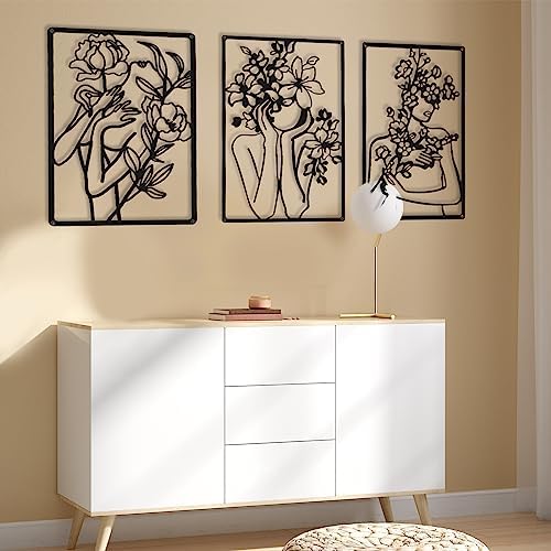 CHENGU 3 Pieces Metal Minimalist Abstract Woman Wall Art Line Drawing Wall Art Decor Single Line Female Home Hanging for Kitchen Bathroom Living Room